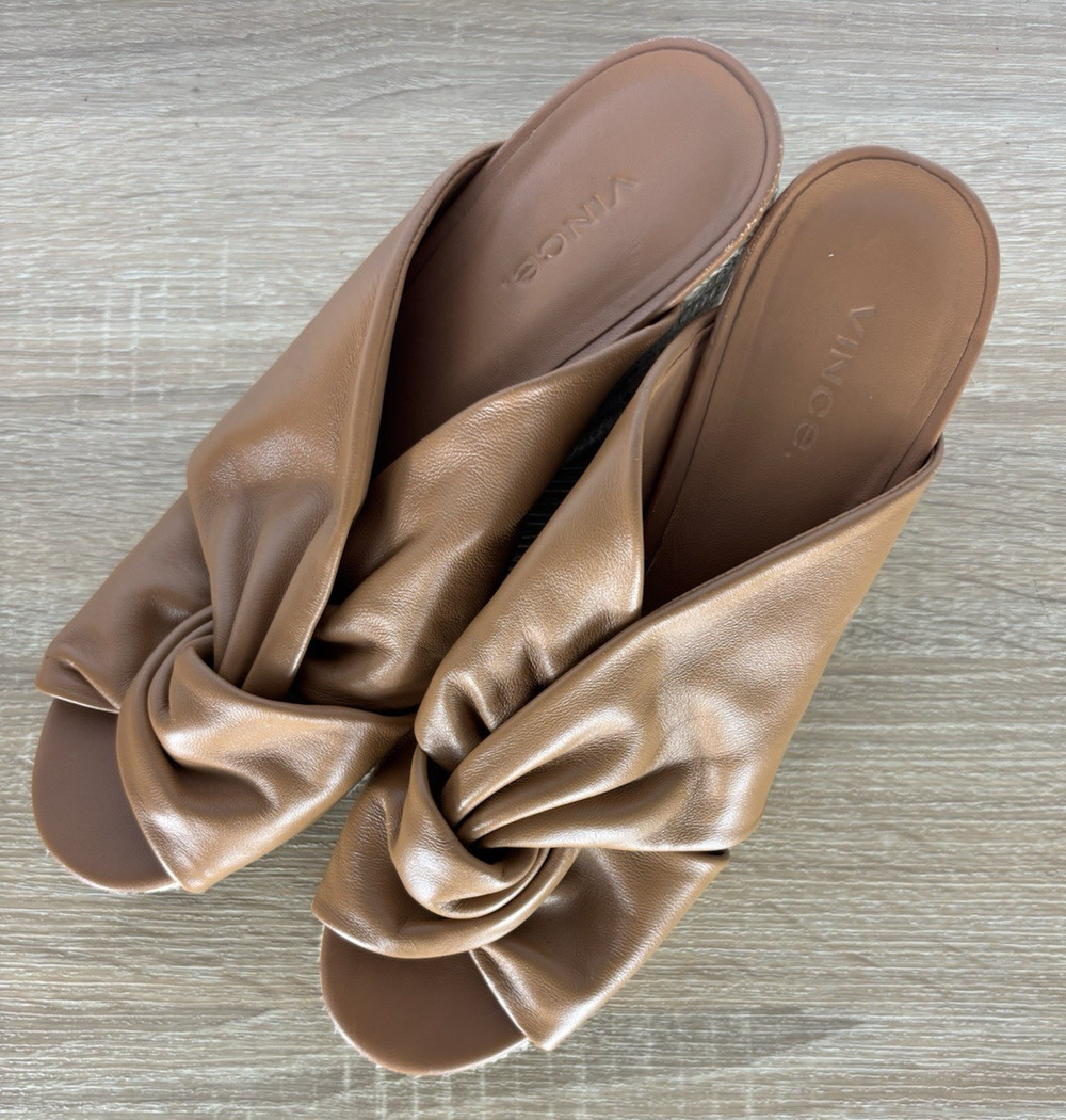 Vince Leather Espadrille Wedge Slide Sandals Brown Twist Knot US 9 EU 39